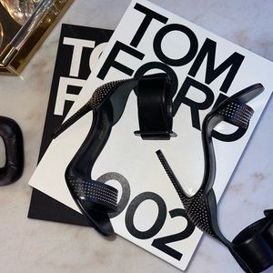 Saint Laurent Studded Ankle-Wrap Sandal with Oversize Buckle in Black